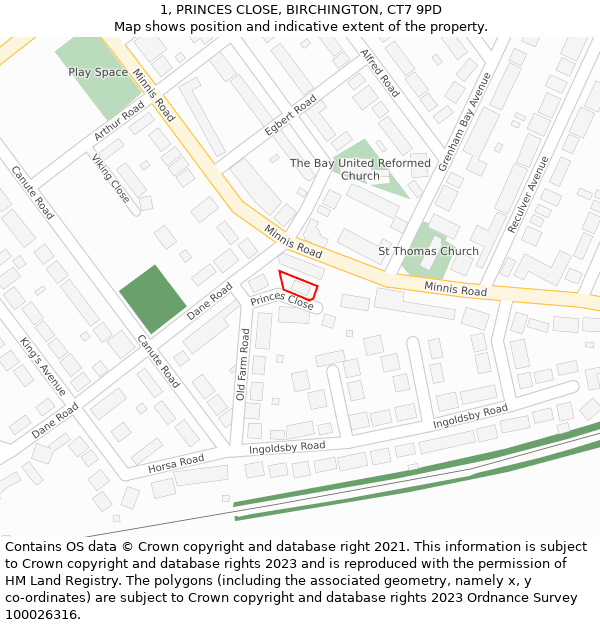 1, PRINCES CLOSE, BIRCHINGTON, CT7 9PD: Location map and indicative extent of plot