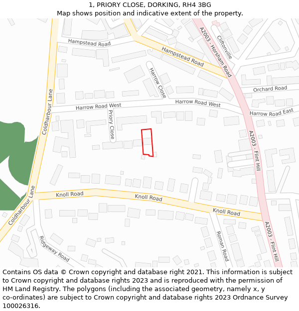 1, PRIORY CLOSE, DORKING, RH4 3BG: Location map and indicative extent of plot