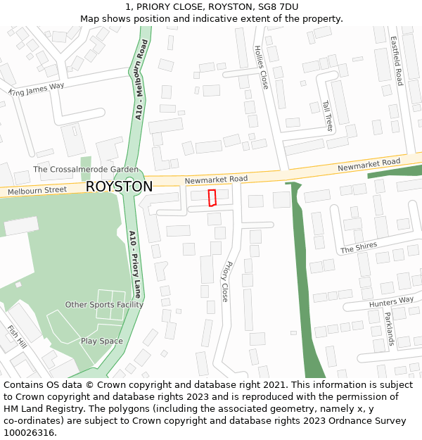 1, PRIORY CLOSE, ROYSTON, SG8 7DU: Location map and indicative extent of plot