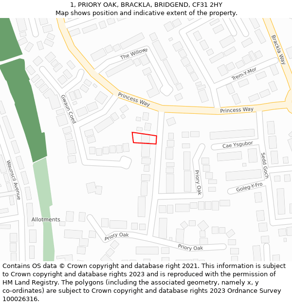 1, PRIORY OAK, BRACKLA, BRIDGEND, CF31 2HY: Location map and indicative extent of plot