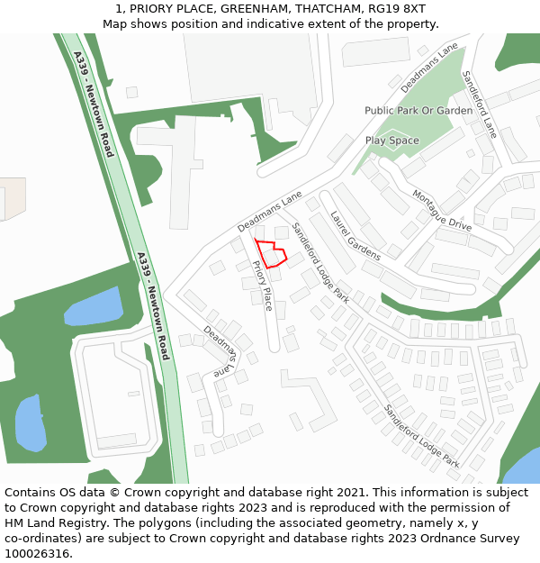 1, PRIORY PLACE, GREENHAM, THATCHAM, RG19 8XT: Location map and indicative extent of plot