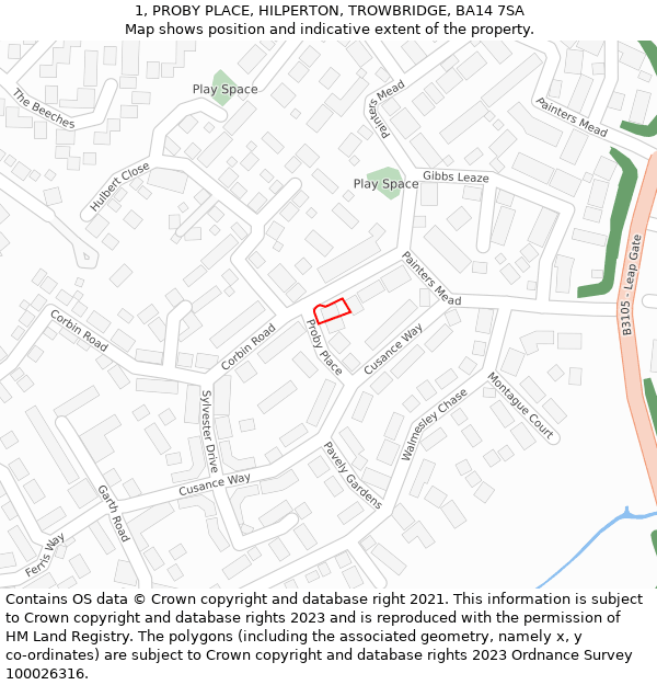 1, PROBY PLACE, HILPERTON, TROWBRIDGE, BA14 7SA: Location map and indicative extent of plot