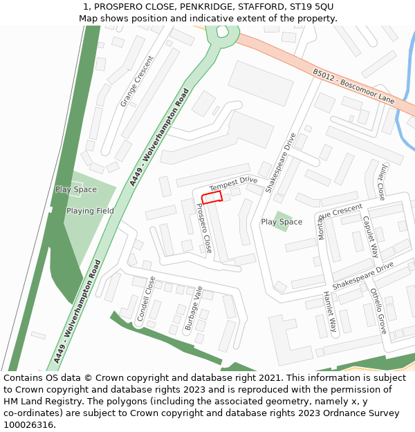1, PROSPERO CLOSE, PENKRIDGE, STAFFORD, ST19 5QU: Location map and indicative extent of plot
