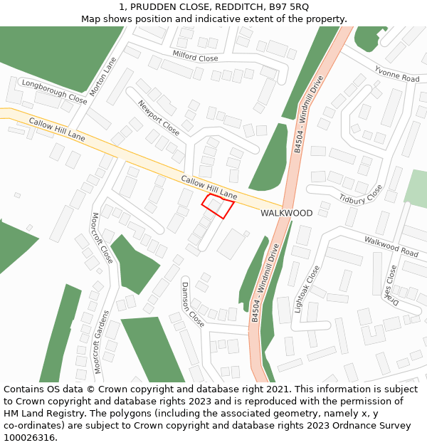 1, PRUDDEN CLOSE, REDDITCH, B97 5RQ: Location map and indicative extent of plot