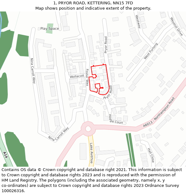1, PRYOR ROAD, KETTERING, NN15 7FD: Location map and indicative extent of plot