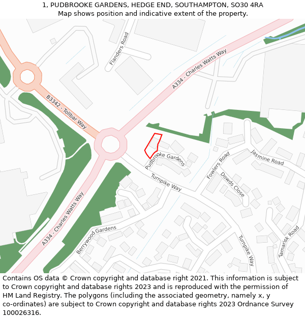 1, PUDBROOKE GARDENS, HEDGE END, SOUTHAMPTON, SO30 4RA: Location map and indicative extent of plot