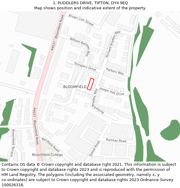 1, PUDDLERS DRIVE, TIPTON, DY4 9EQ: Location map and indicative extent of plot