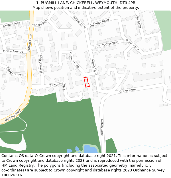 1, PUGMILL LANE, CHICKERELL, WEYMOUTH, DT3 4PB: Location map and indicative extent of plot