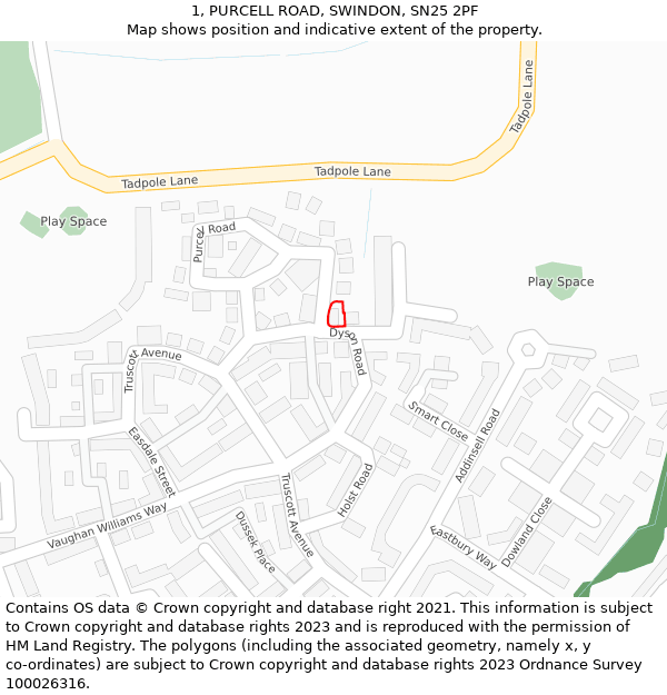 1, PURCELL ROAD, SWINDON, SN25 2PF: Location map and indicative extent of plot