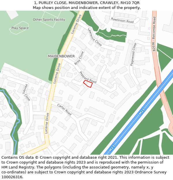 1, PURLEY CLOSE, MAIDENBOWER, CRAWLEY, RH10 7QR: Location map and indicative extent of plot