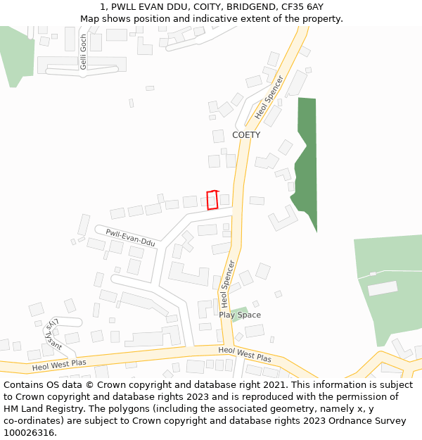 1, PWLL EVAN DDU, COITY, BRIDGEND, CF35 6AY: Location map and indicative extent of plot