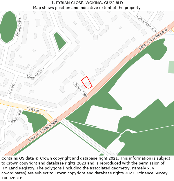 1, PYRIAN CLOSE, WOKING, GU22 8LD: Location map and indicative extent of plot