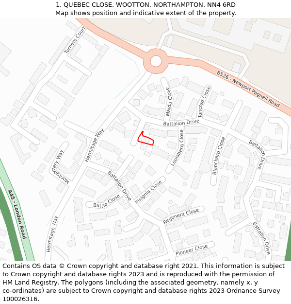 1, QUEBEC CLOSE, WOOTTON, NORTHAMPTON, NN4 6RD: Location map and indicative extent of plot