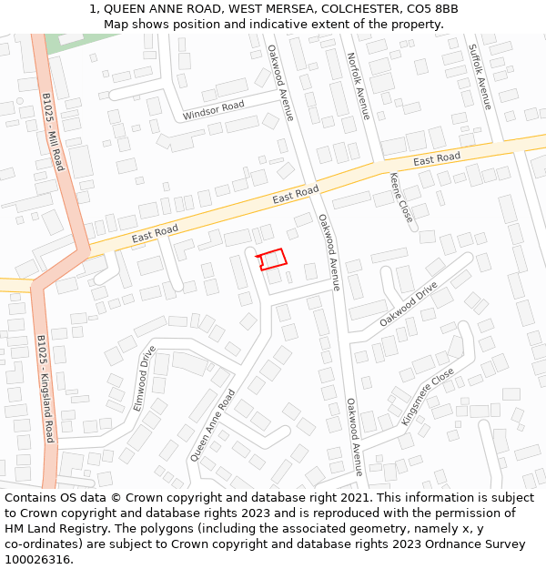 1, QUEEN ANNE ROAD, WEST MERSEA, COLCHESTER, CO5 8BB: Location map and indicative extent of plot