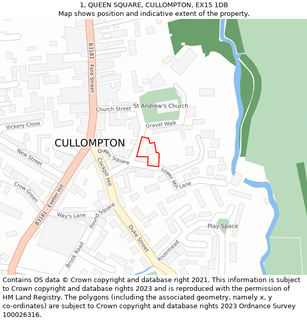 1, QUEEN SQUARE, CULLOMPTON, EX15 1DB: Location map and indicative extent of plot