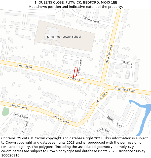 1, QUEENS CLOSE, FLITWICK, BEDFORD, MK45 1EE: Location map and indicative extent of plot