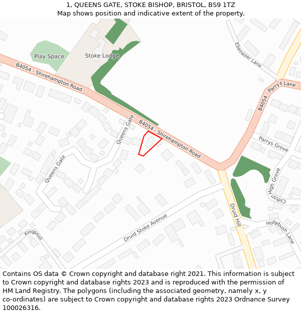 1, QUEENS GATE, STOKE BISHOP, BRISTOL, BS9 1TZ: Location map and indicative extent of plot
