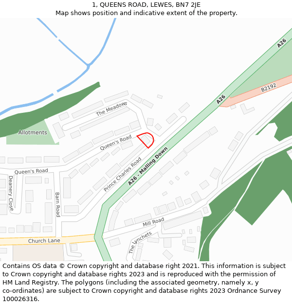 1, QUEENS ROAD, LEWES, BN7 2JE: Location map and indicative extent of plot