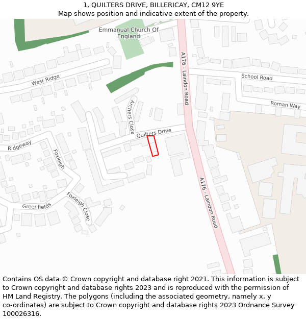 1, QUILTERS DRIVE, BILLERICAY, CM12 9YE: Location map and indicative extent of plot