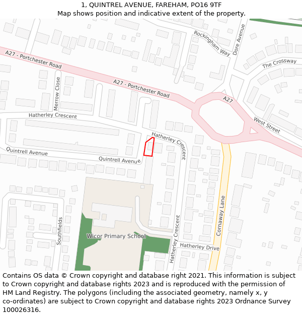 1, QUINTREL AVENUE, FAREHAM, PO16 9TF: Location map and indicative extent of plot