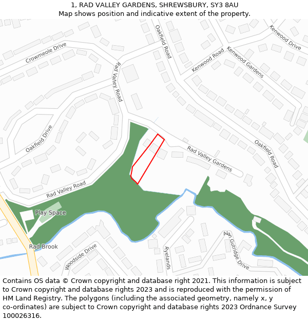 1, RAD VALLEY GARDENS, SHREWSBURY, SY3 8AU: Location map and indicative extent of plot