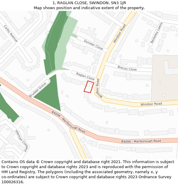 1, RAGLAN CLOSE, SWINDON, SN3 1JR: Location map and indicative extent of plot