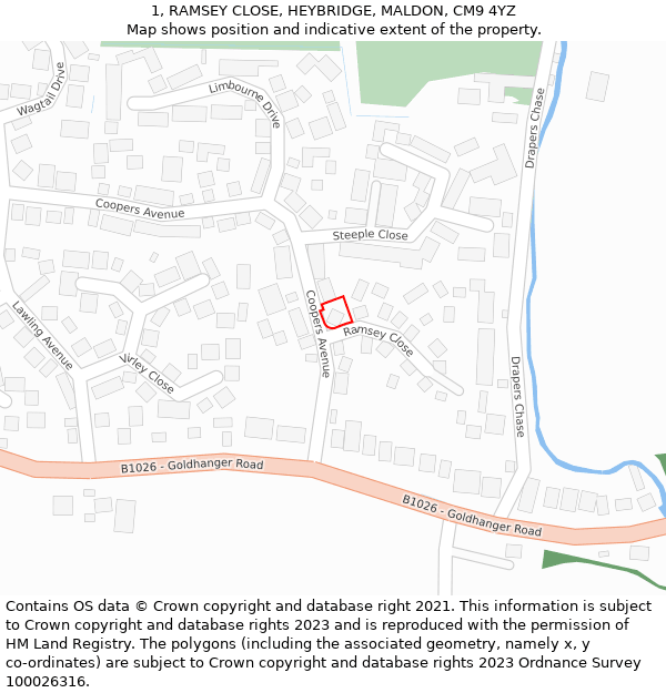 1, RAMSEY CLOSE, HEYBRIDGE, MALDON, CM9 4YZ: Location map and indicative extent of plot