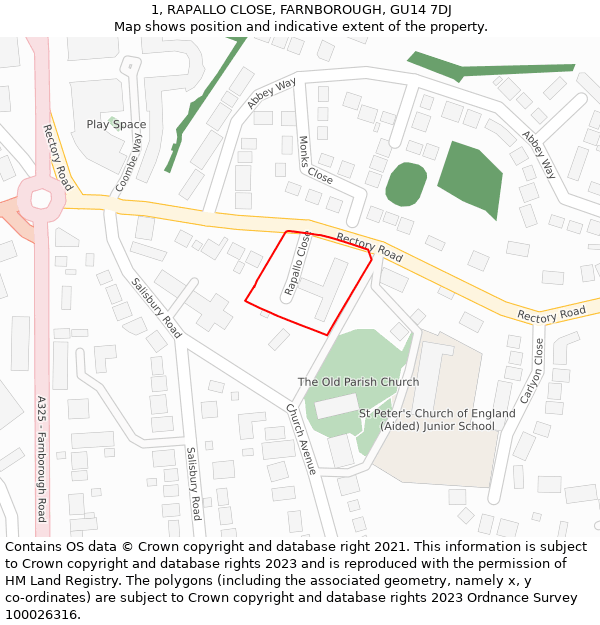 1, RAPALLO CLOSE, FARNBOROUGH, GU14 7DJ: Location map and indicative extent of plot