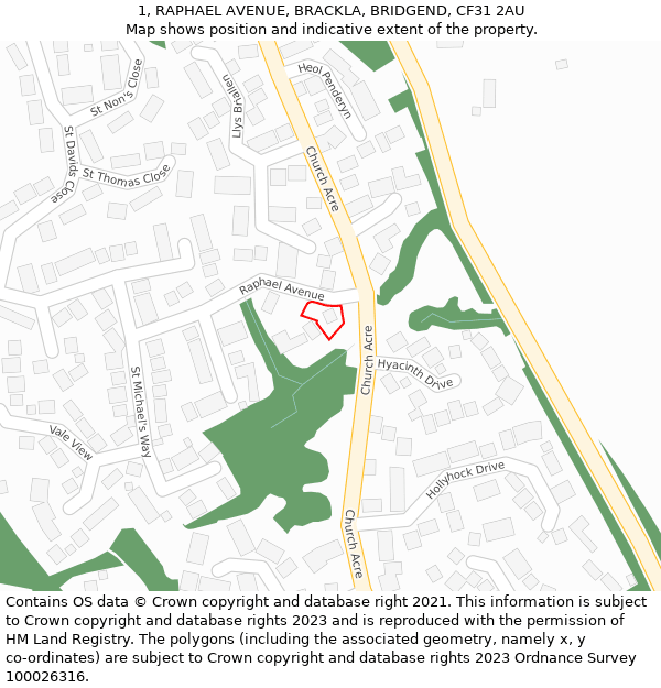 1, RAPHAEL AVENUE, BRACKLA, BRIDGEND, CF31 2AU: Location map and indicative extent of plot