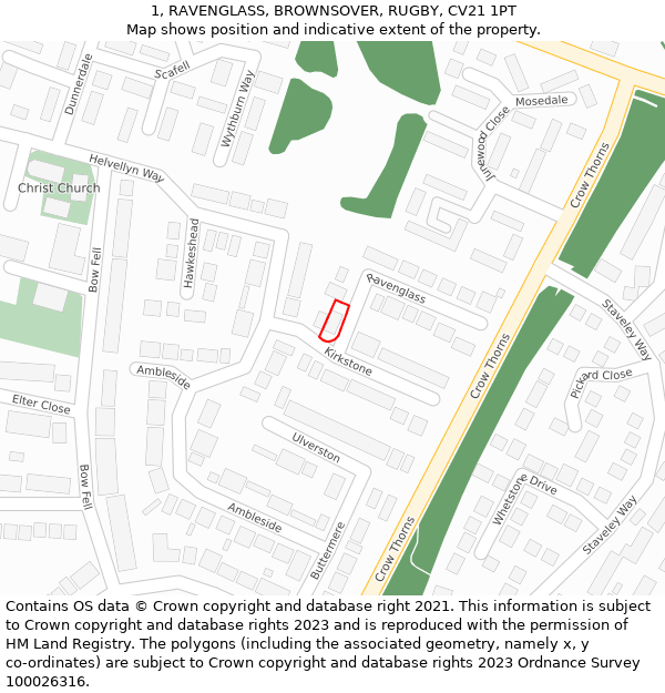 1, RAVENGLASS, BROWNSOVER, RUGBY, CV21 1PT: Location map and indicative extent of plot