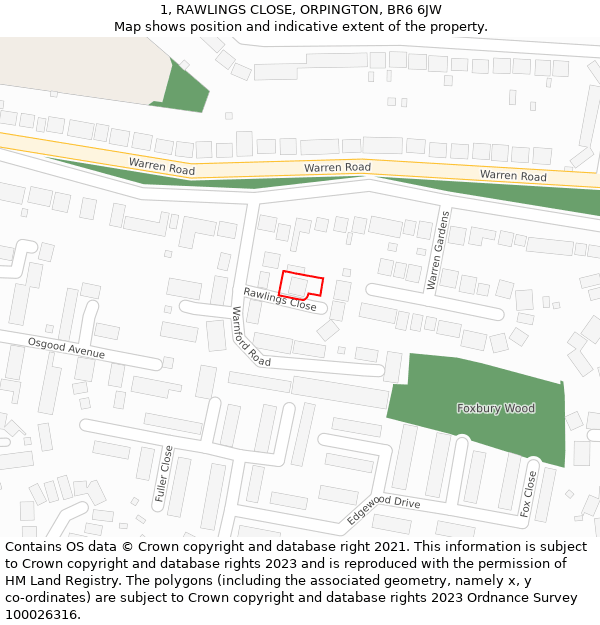 1, RAWLINGS CLOSE, ORPINGTON, BR6 6JW: Location map and indicative extent of plot