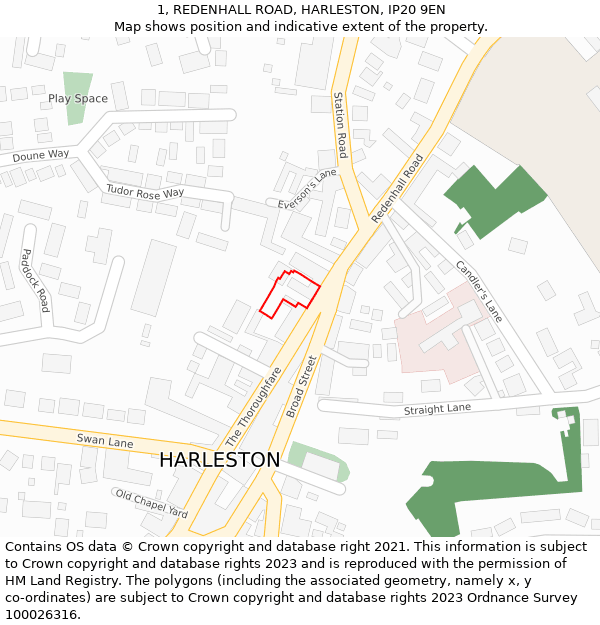 1, REDENHALL ROAD, HARLESTON, IP20 9EN: Location map and indicative extent of plot