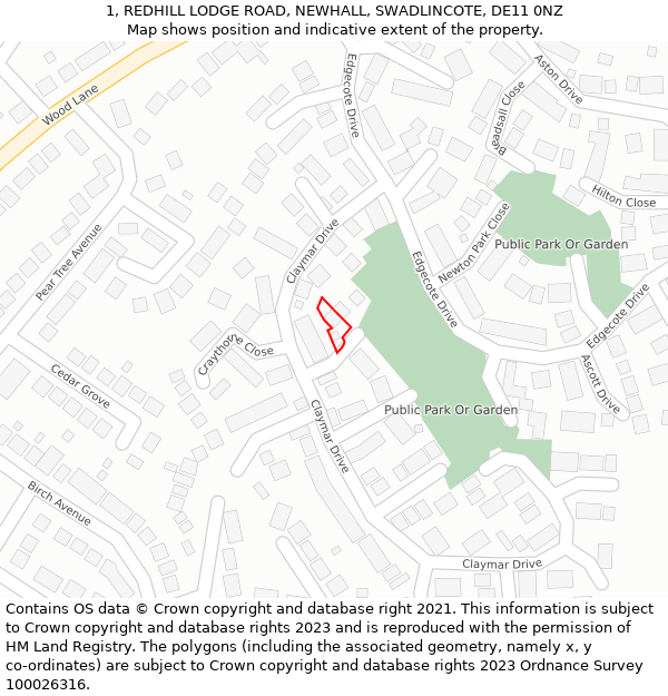 1, REDHILL LODGE ROAD, NEWHALL, SWADLINCOTE, DE11 0NZ: Location map and indicative extent of plot