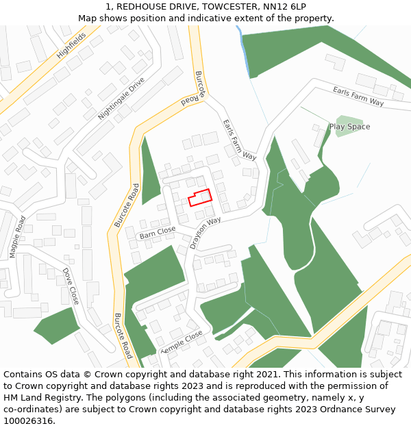 1, REDHOUSE DRIVE, TOWCESTER, NN12 6LP: Location map and indicative extent of plot