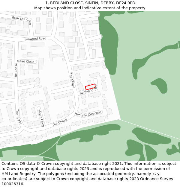 1, REDLAND CLOSE, SINFIN, DERBY, DE24 9PR: Location map and indicative extent of plot