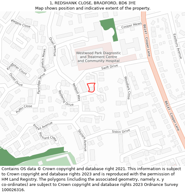 1, REDSHANK CLOSE, BRADFORD, BD6 3YE: Location map and indicative extent of plot