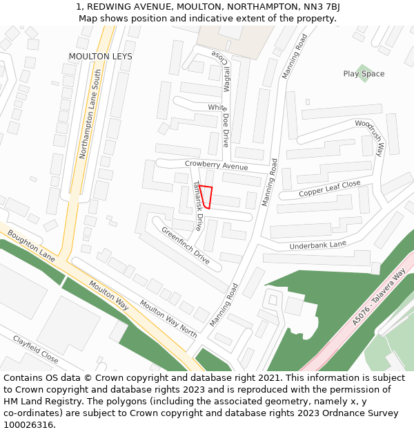 1, REDWING AVENUE, MOULTON, NORTHAMPTON, NN3 7BJ: Location map and indicative extent of plot