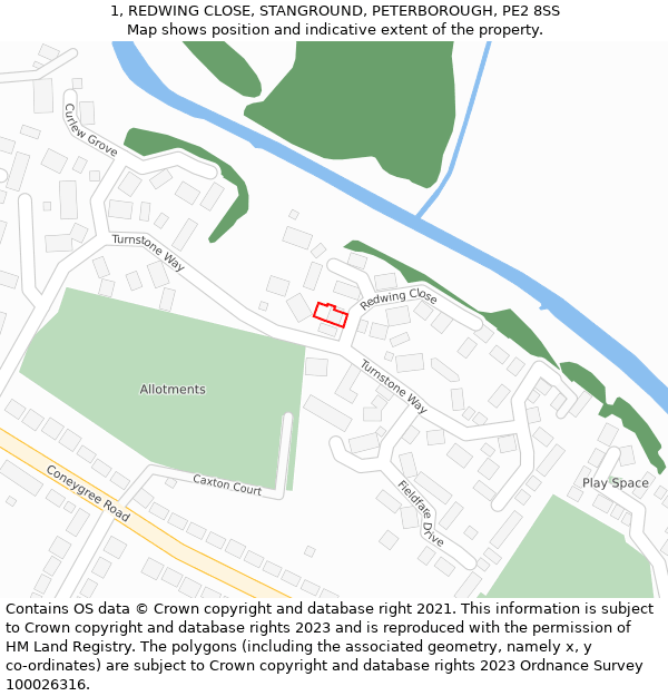 1, REDWING CLOSE, STANGROUND, PETERBOROUGH, PE2 8SS: Location map and indicative extent of plot