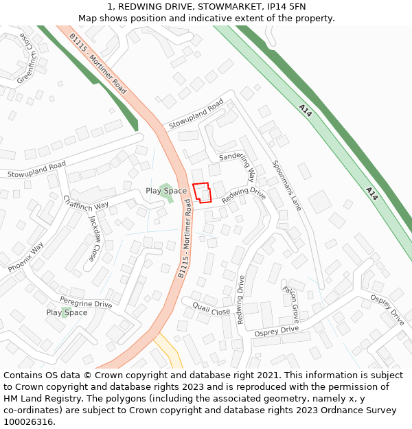 1, REDWING DRIVE, STOWMARKET, IP14 5FN: Location map and indicative extent of plot