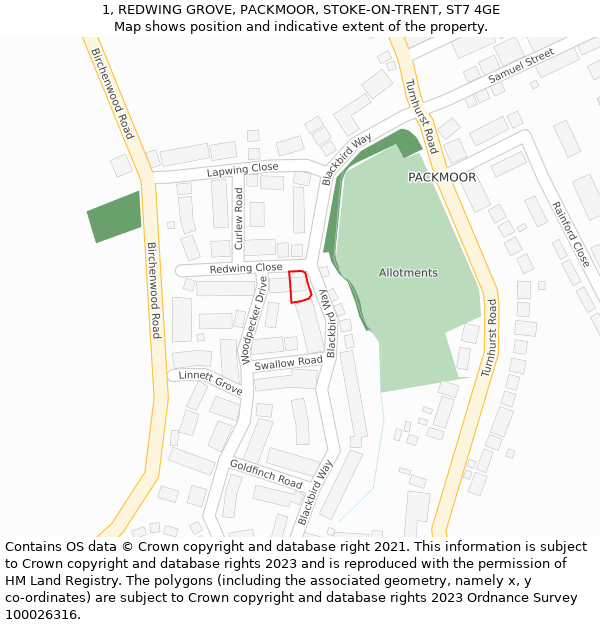 1, REDWING GROVE, PACKMOOR, STOKE-ON-TRENT, ST7 4GE: Location map and indicative extent of plot