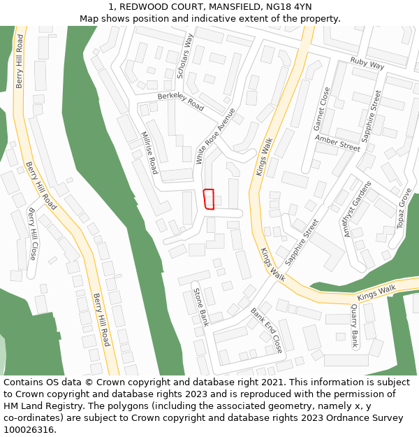 1, REDWOOD COURT, MANSFIELD, NG18 4YN: Location map and indicative extent of plot