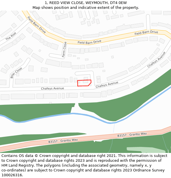 1, REED VIEW CLOSE, WEYMOUTH, DT4 0EW: Location map and indicative extent of plot