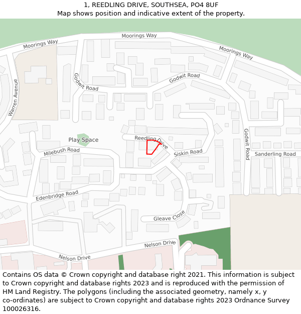 1, REEDLING DRIVE, SOUTHSEA, PO4 8UF: Location map and indicative extent of plot