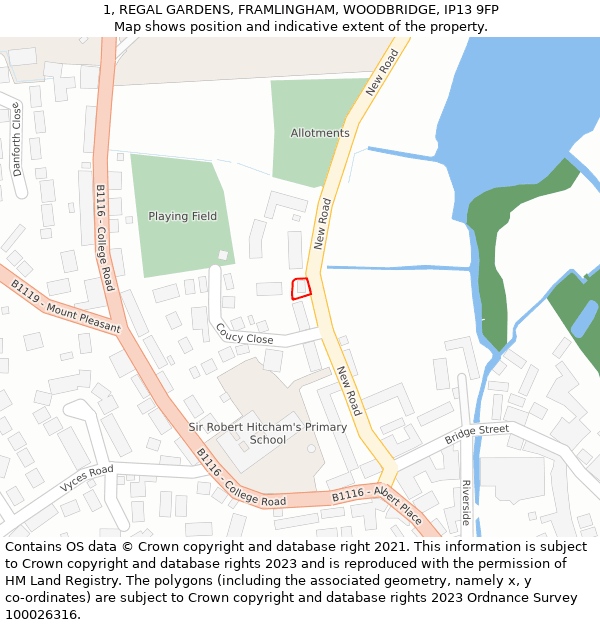 1, REGAL GARDENS, FRAMLINGHAM, WOODBRIDGE, IP13 9FP: Location map and indicative extent of plot