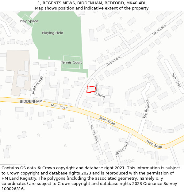 1, REGENTS MEWS, BIDDENHAM, BEDFORD, MK40 4DL: Location map and indicative extent of plot