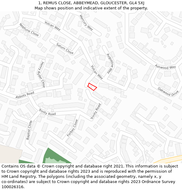 1, REMUS CLOSE, ABBEYMEAD, GLOUCESTER, GL4 5XJ: Location map and indicative extent of plot