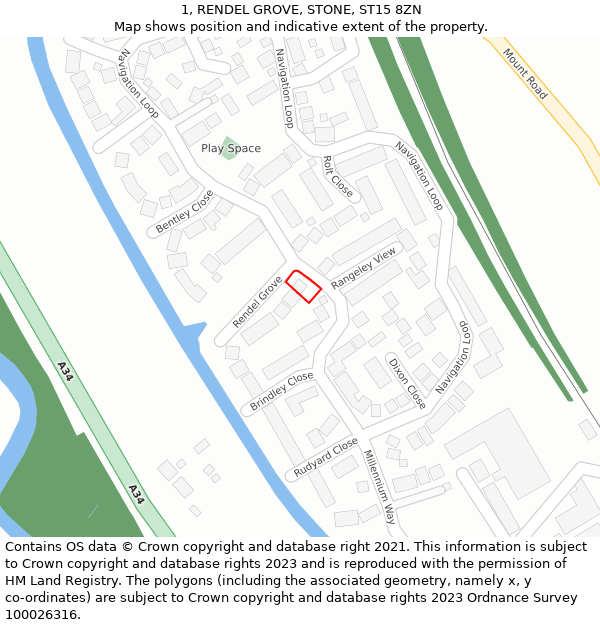 1, RENDEL GROVE, STONE, ST15 8ZN: Location map and indicative extent of plot