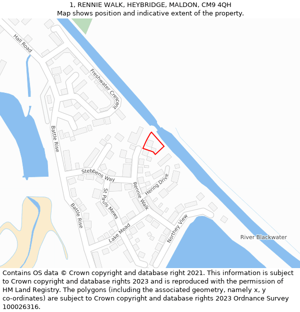 1, RENNIE WALK, HEYBRIDGE, MALDON, CM9 4QH: Location map and indicative extent of plot