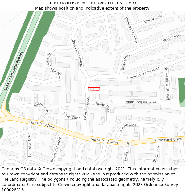 1, REYNOLDS ROAD, BEDWORTH, CV12 8BY: Location map and indicative extent of plot