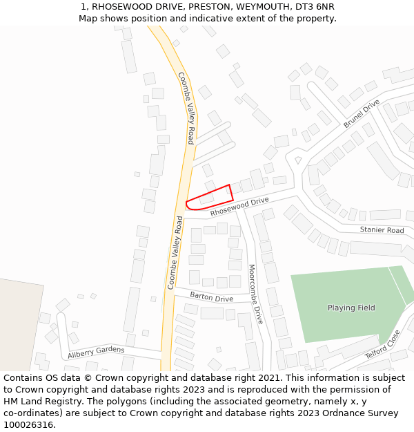 1, RHOSEWOOD DRIVE, PRESTON, WEYMOUTH, DT3 6NR: Location map and indicative extent of plot